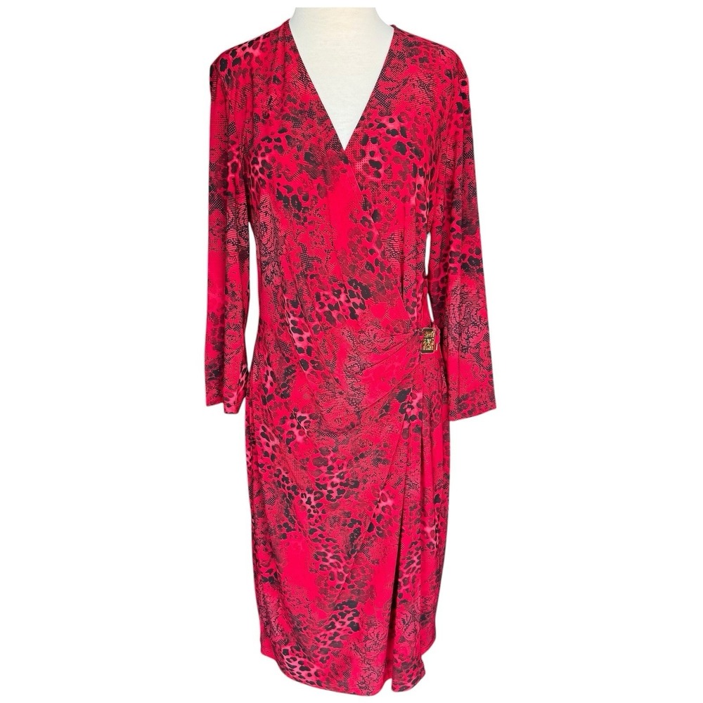 Anne Klein Red Snake Skin Wrap Dress Knee Length Long Sleeve Logo Buckle Size 14